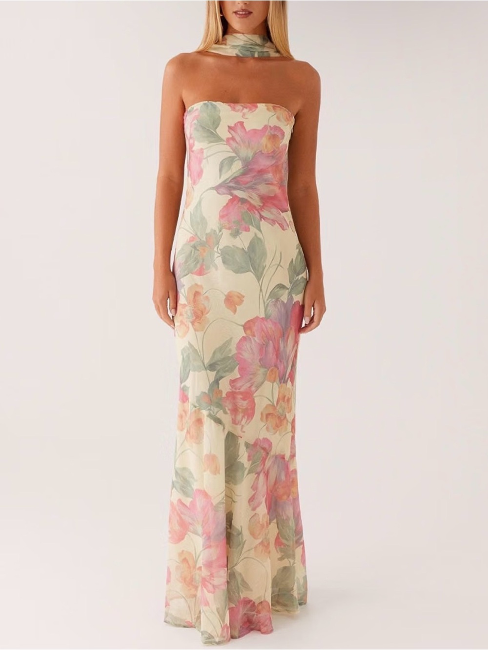 Strapless Floral Maxi Dress in Ivory with Pink Floral w/ Removable Scarf
